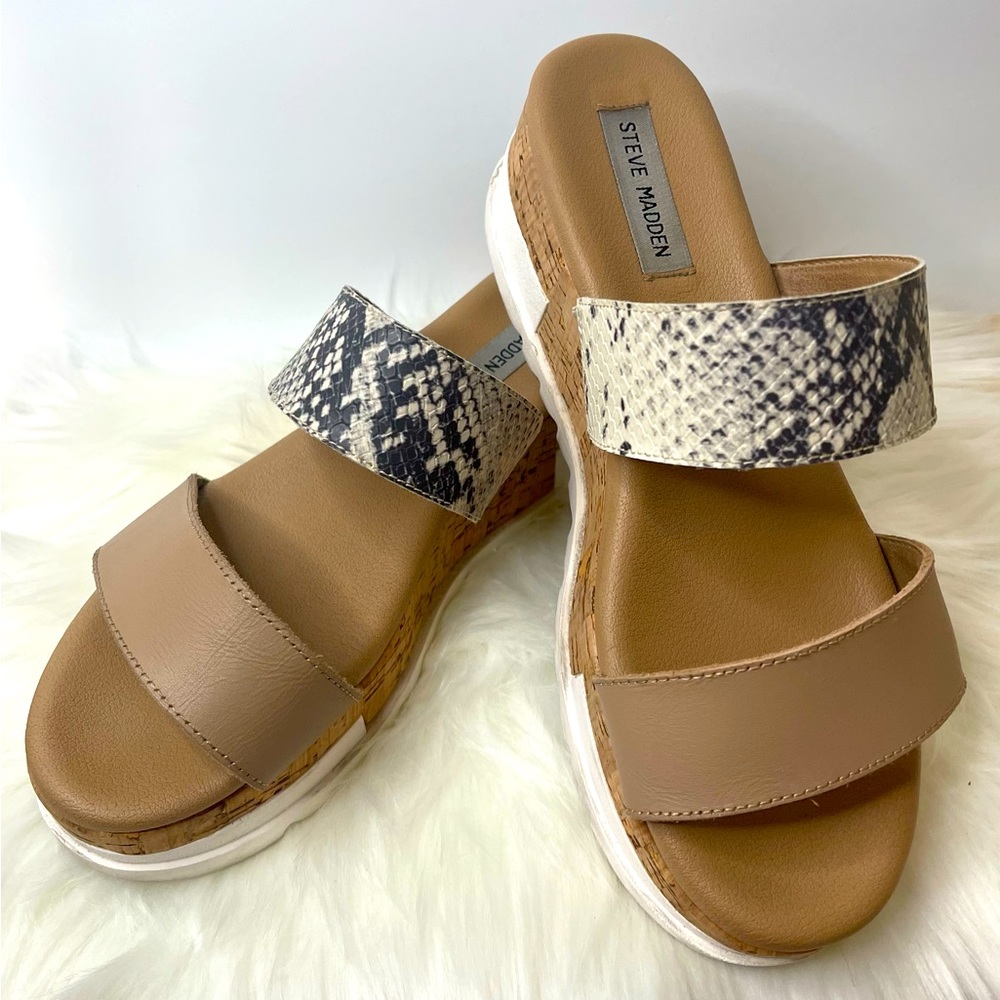 Steve Madden Thalia | Nude & Snakeskin Double Strap Cork Wedge Platform Sandals